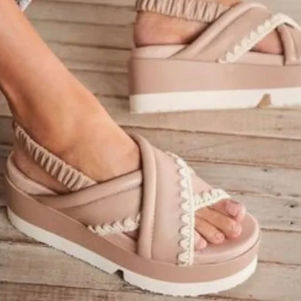 Mou Beige Platform Sandal with White Trim